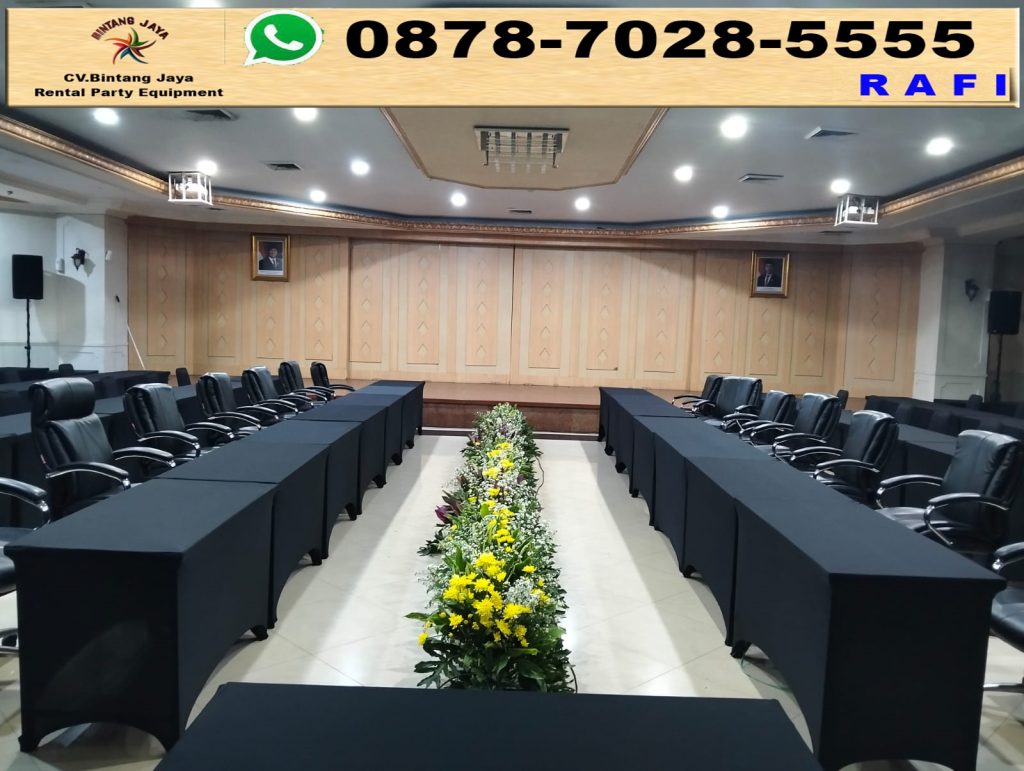 Pusat Rental Meja Kotak HPL Cover Hitam Stretch Jakarta