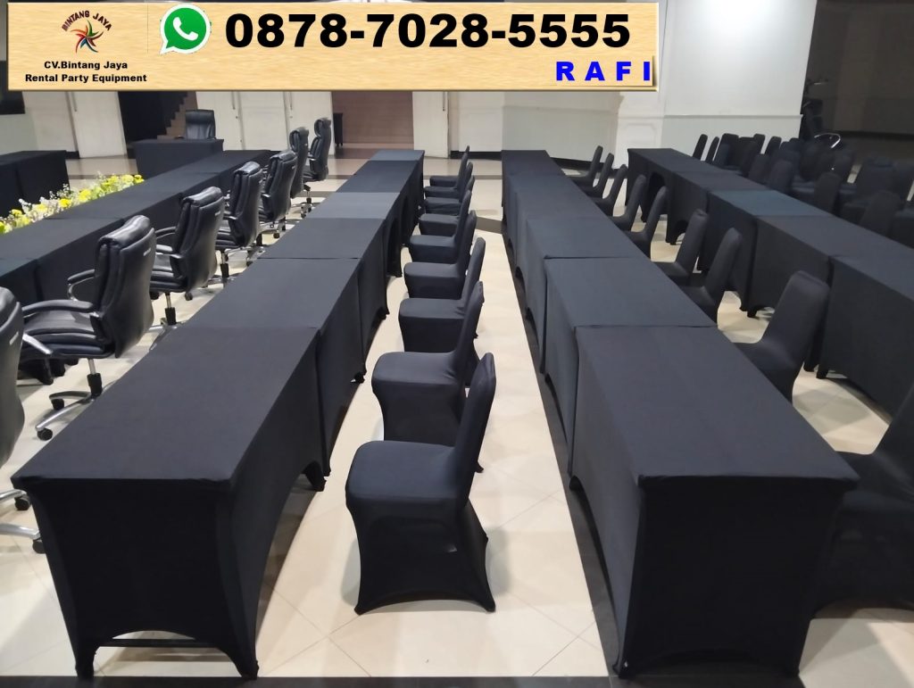 Pusat Rental Meja Kotak HPL Cover Hitam Stretch Jakarta