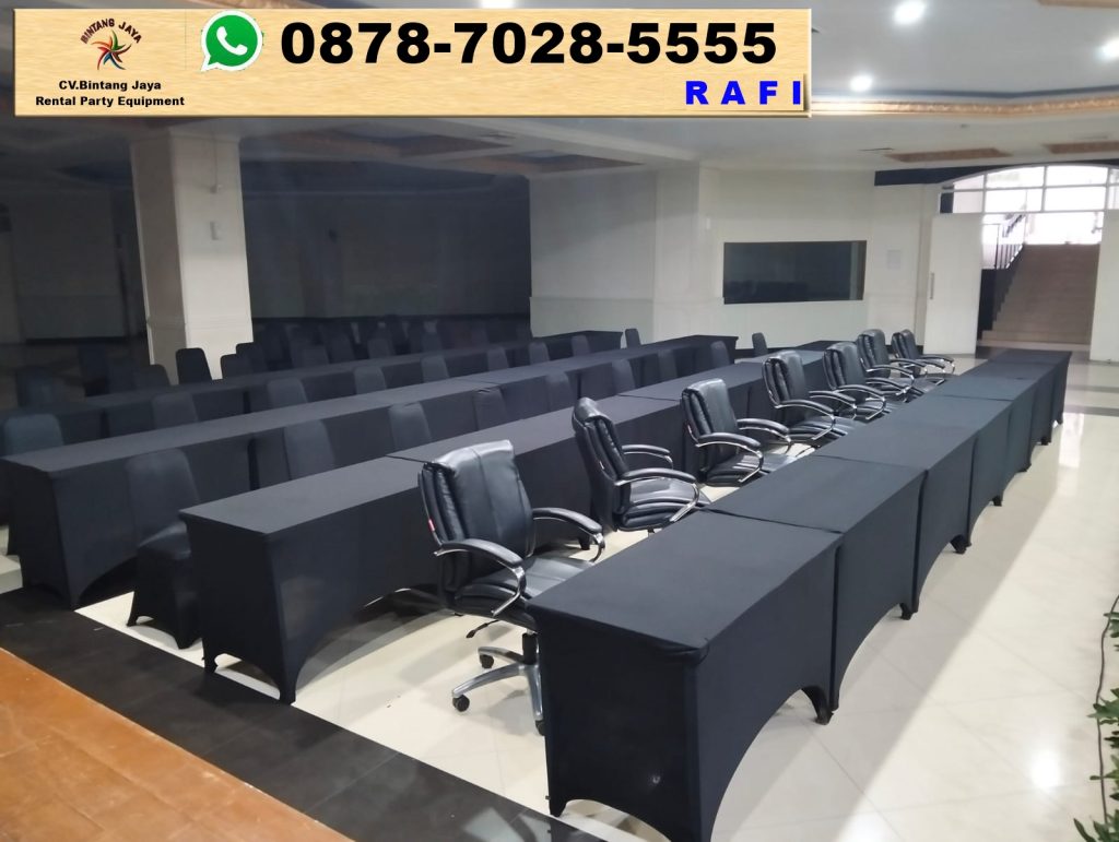 Pusat Rental Meja Kotak HPL Cover Hitam Stretch Jakarta