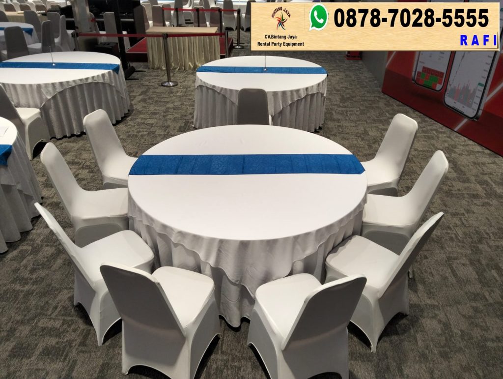 Rental Round Table Dan Meja Kotak Taplak Putih Biru Jakarta