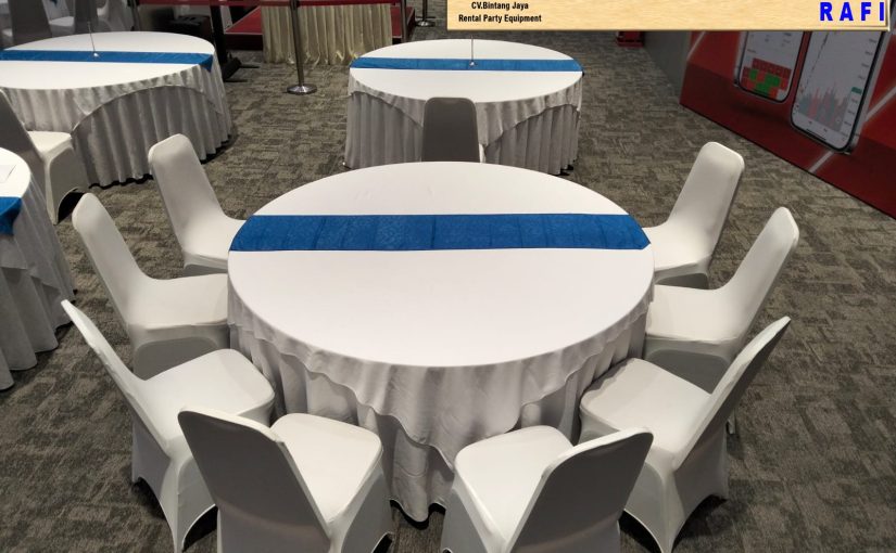 Rental Round Table Dan Meja Kotak Taplak Putih Biru Jakarta