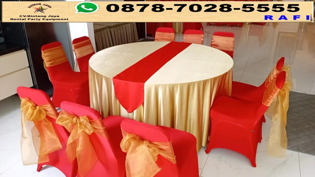 Sewa Meja Bulat Gold Runner Merah Set Futura Street Merah Pita Gold Jakarta