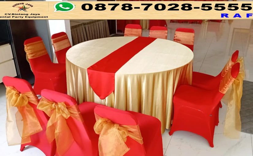 Sewa Meja Bulat Gold Runner Merah Set Futura Street Merah Pita Gold Jakarta