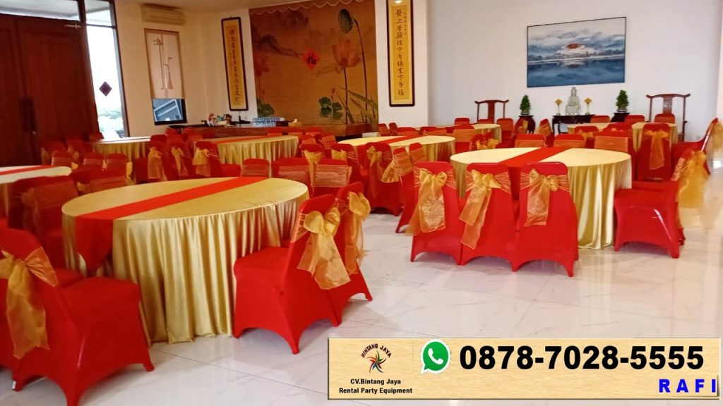 Sewa Meja Bulat Gold Runner Merah Set Futura Street Merah Pita Gold Jakarta