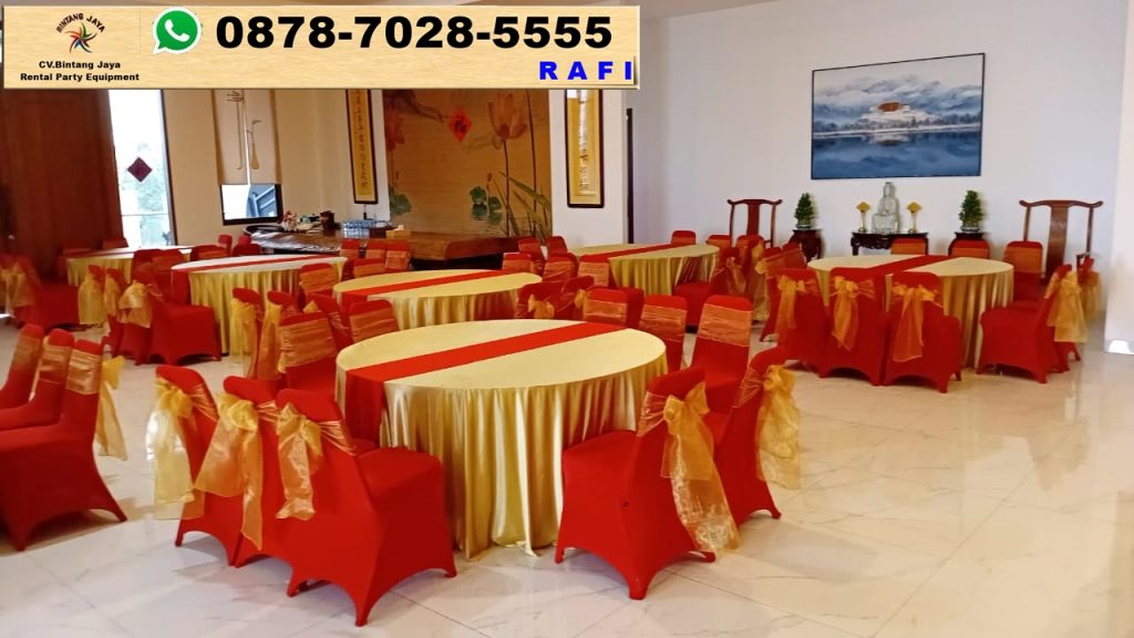 Sewa Meja Bulat Gold Runner Merah Set Futura Street Merah Pita Gold Jakarta
