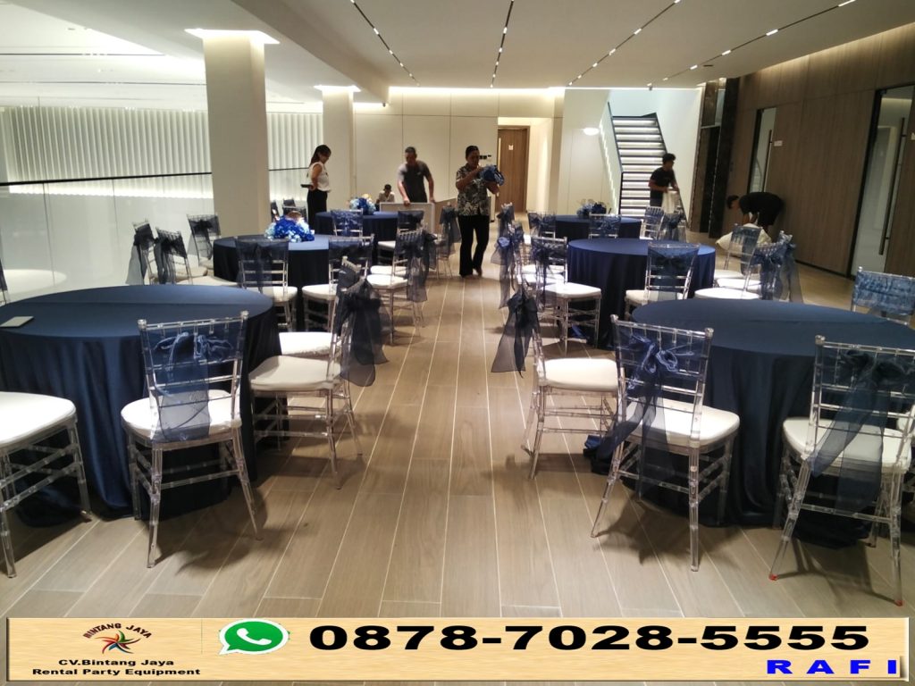 Jasa sewa Meja Bulat Cover Tebar Hitam Plus Kursi Acrylic Bandung