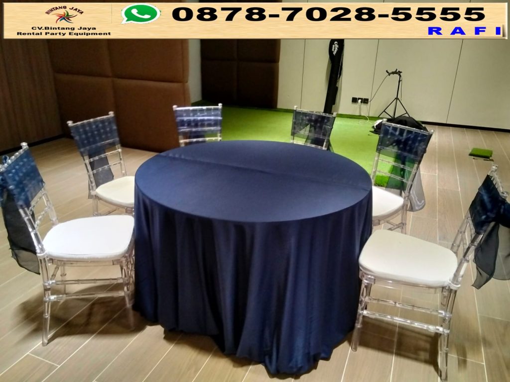 Jasa sewa Meja Bulat Cover Tebar Hitam Plus Kursi Acrylic Bandung